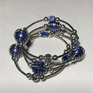 Silvertone Blue-Beaded Multistrand Flexible Wrap Bracelet